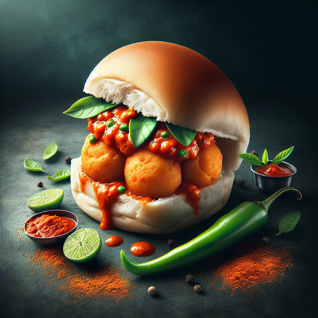 Vada Pav served with chutneys and green chili